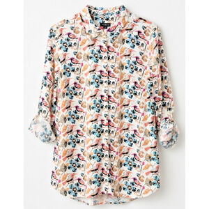 Talbots Floral Bird Print Blouse Women’s Med Roll Tab Sleeve Rayon Button Front